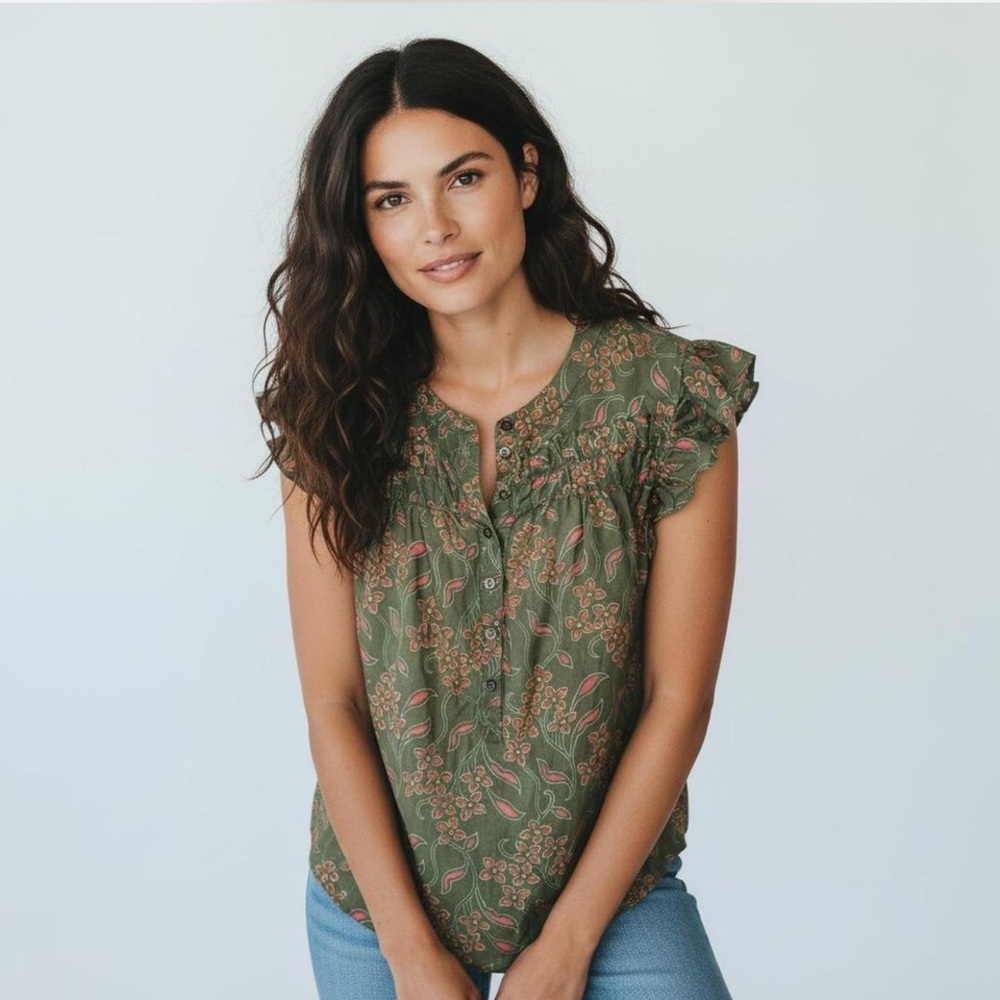 XiRENA Green Floral Cotton Silk Blouse Boho Ruffle Sleeve Top Size S
